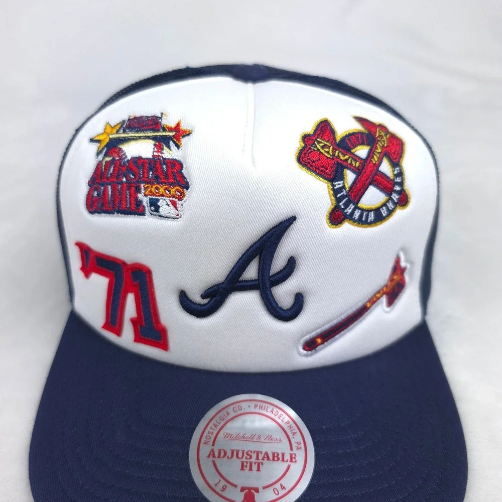 Atlanta Braves Mitchell & Ness Trucker‎ Hat Cap 3D Logo 5 Logos White Navy NWT